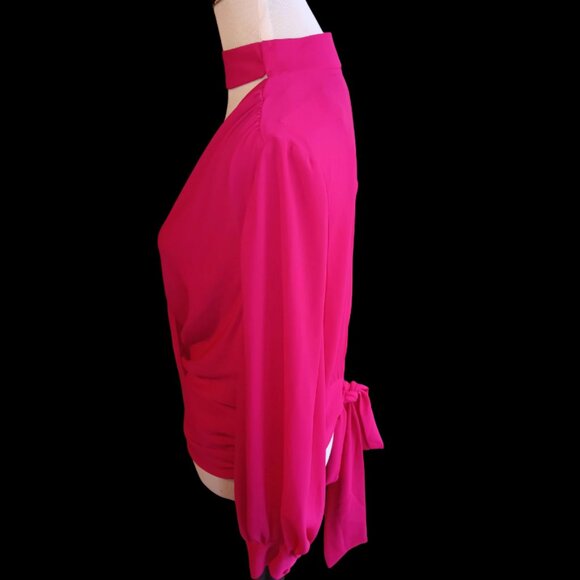 NY&CO Hot Pink choker neckline and deep surplice (wrap) Holiday Blouse size L - Picture 3 of 3